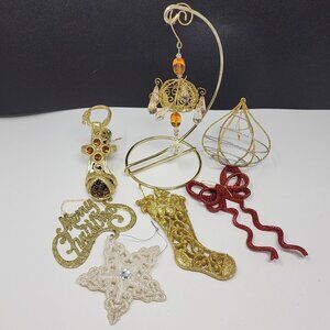 Glitter Plastic Metal Ornament Lot of 7 Chandelier Star Bow Stocking Shoe VTG